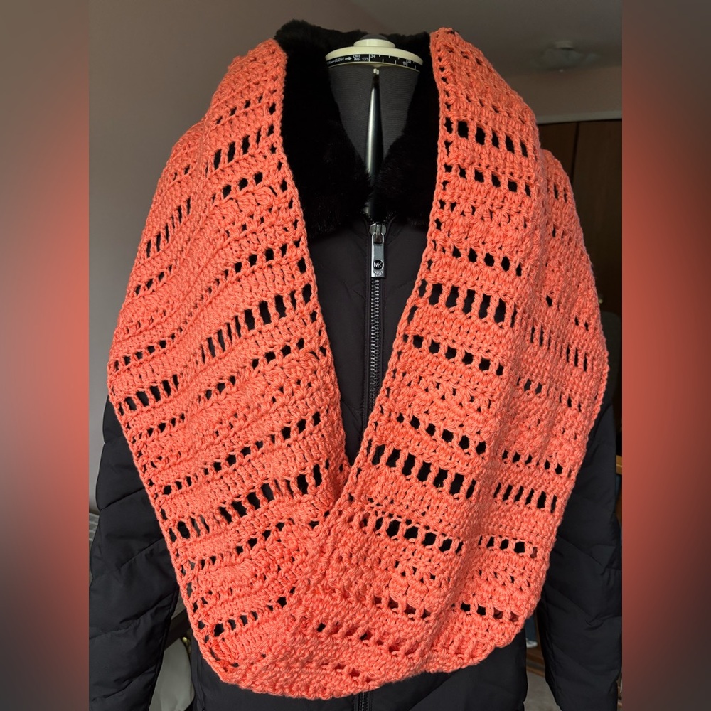Elegant Coral Crochet Infinity Scarf